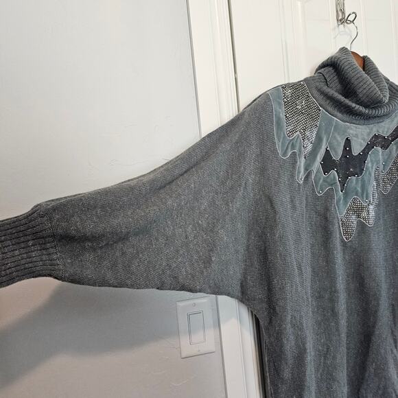 Vintage 80s Sweater Womens Medium Gray Patchwork Dolman Sleeve Textured Glam - Picture 6 of 11
